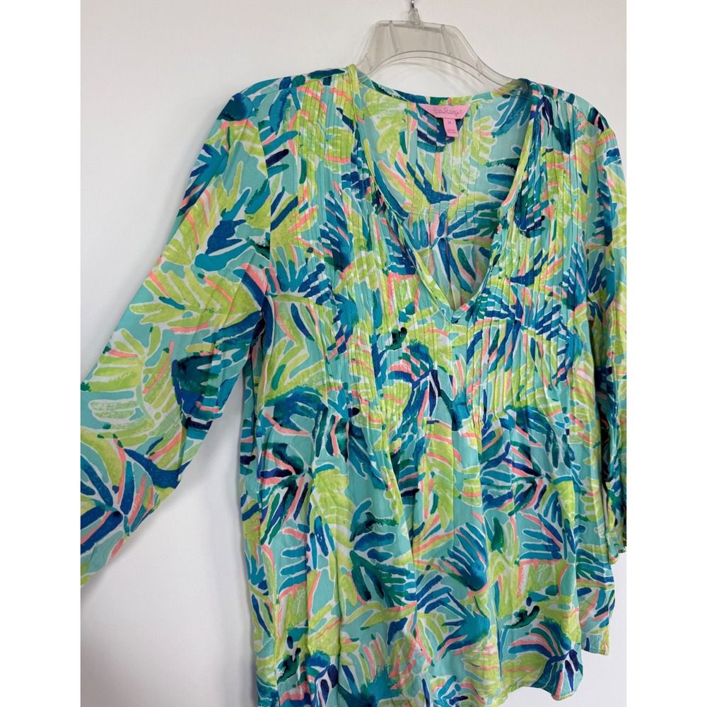 Lilly Pulitzer Elsa Top Blue Green Tropical Palm Print Pintuck Blouse 23862 M
